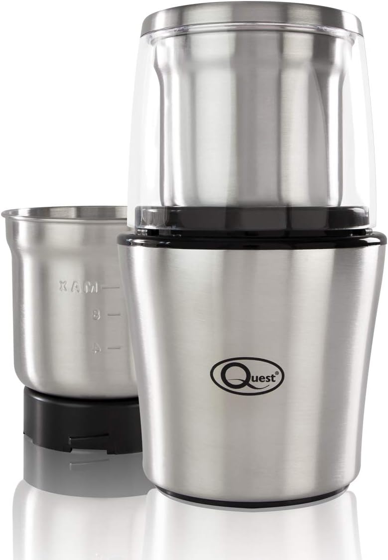 Quest 34170 Electric Wet and Dry Grinder / One Touch Operation / Coffee, Spices, Nuts, Fruit, Vegetables, Sauces, Salsa, Dips / 80g Capacity / 2 x Interchangeable Stainless Steel Blades