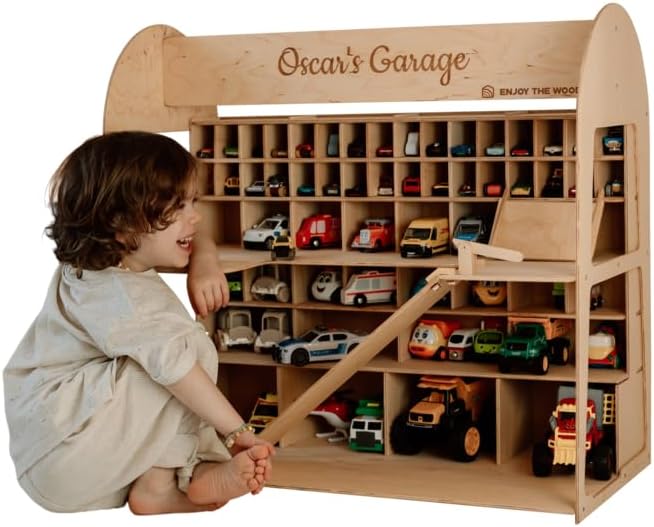 Enjoy The Wood Wooden Toy Parking Garage with Elevator (Big, Natural) | Toy Car Storage Small Car Compatible Gift for Toddlers 1-4 Years Old Organizer Case Shelf for Mini Toy Cars by Enjoy The Wood