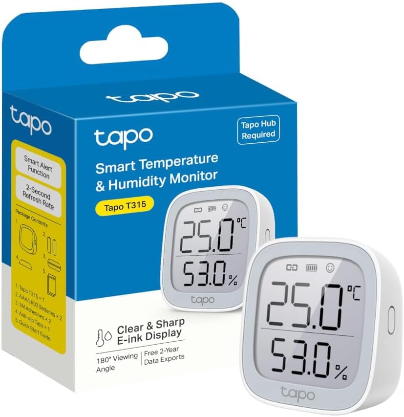 Tapo T315 Smart Room Thermometer, Humidity Meter, Hygrometer, Room Thermometer Indoor, Humidity Sensor, Room Temperature Monitor, 2.7″ E-ink Display, Real-Time Notifications, Free 2-Year Data Storage