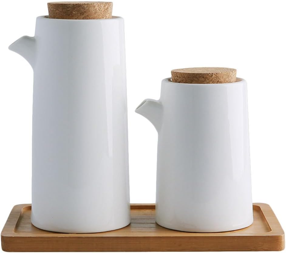 Luxshiny Ceramic Oil and Vinegar Dispenser Bottle and Spice Jar Set White Ceramic Soy Sauce Dispenser, Oil Dispenser of 2 with Wood Tray for Kitchen
