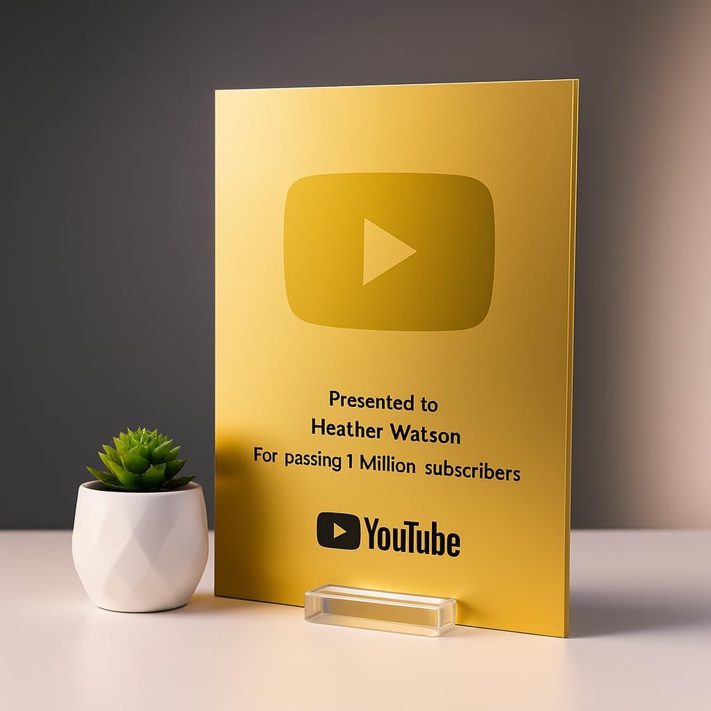 YouTube 1+ Subscriber Play Button Award - Gold Acrylic Decorative Sign