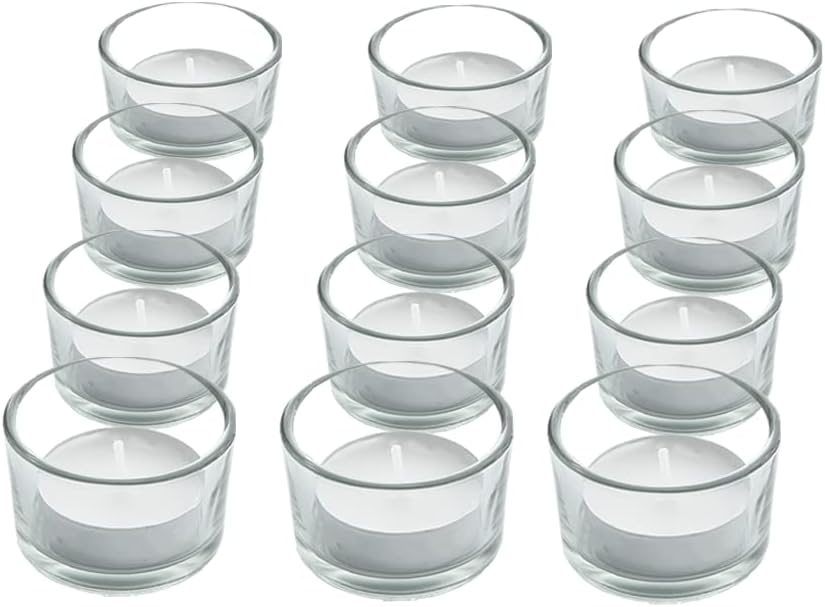 ZENO Clear Glass Tealight Candle Holders Set - 12 Pack | 5.25cm Diameter and 3.25cm Height | For Home Décor, Weddings, Parties and Table Settings