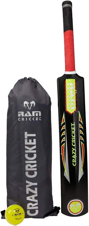 Ram Cricket Crazy Cricket Bat and Ball Set - Durable Plastic Construction with Powerful Hitting Zone – Available in Sizes 6, 4, 2, 0 & Embossed Seamed Softee ball Suitable for Garden, Beach or Park