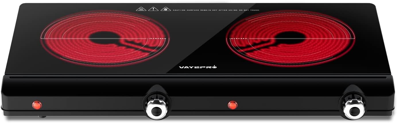 Electric Hot Plate for Cooking, Infrared Double Burner,Electric Cooktop 2 Burner,1800W Portable Electric Stove,Heat-up In Seconds,Countertop Cooktop for Dorm,Compatible with All Cookware