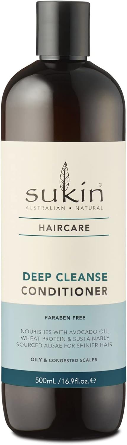 Sukin Deep Cleanse Conditioner 500ml - lightweight with blend of Wheat Protein, Avocado Oil & Algae to leave your hair shiny, smooth and soft. Cruelty free & Vegan friendly.