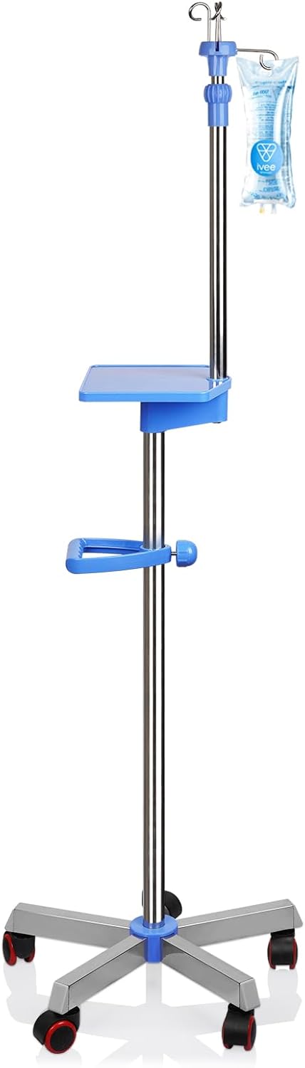 Ozzptuu Medical IV Pole with Wheels - Stainless Steel Adjustable 57" to 79" Height IV Stand with Tray and 4 Hooks for Hospital, Home Infusion Practice and Therapy
