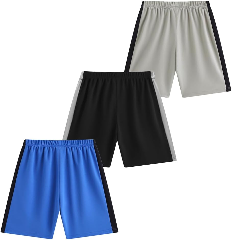 FedMois Boys' Athletic Shorts Sport Shorts for PE School Football, Pack of 3