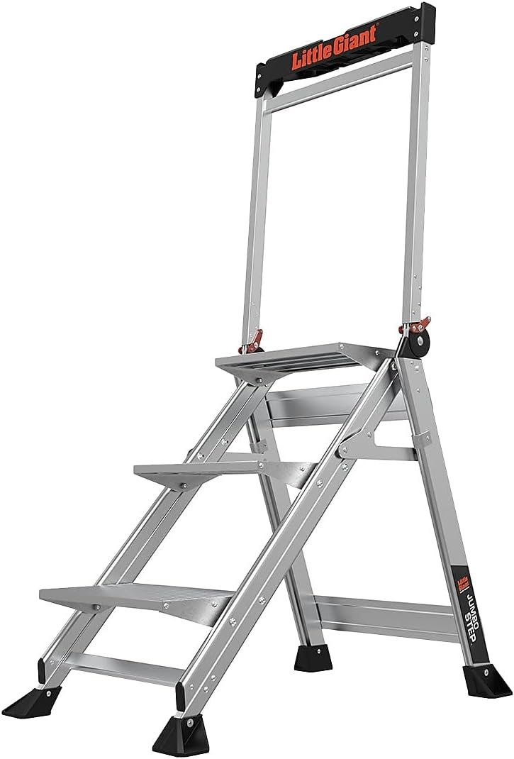 Little Giant Ladders Jumbo Step, Foldable 3-Step Stool, 2.2-Ft Aluminum, with Platform Steps, Handrail, and Tool Tray, 375 lb Load Capacity, Type 1AA, 8.7-Ft Reach, (11903)