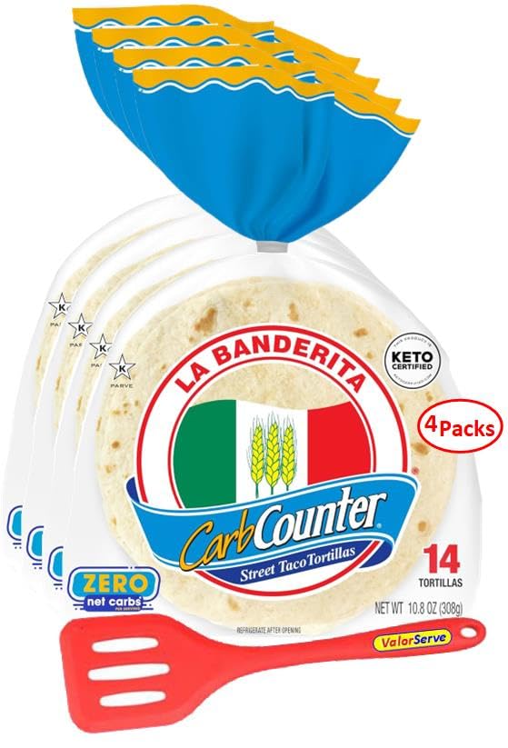 La Banderita Carb Counter® Street Taco Flour Tortillas - 0g Net Carbs - Keto Friendly - 4.5" - 16 Count, 10.2 oz. - 4 Packs with ValorServe™ Mini Kitchen Utensil - Low Carb Tortillas