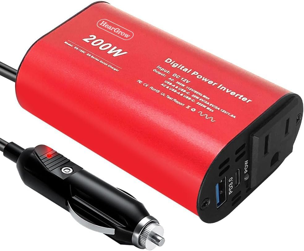 200W Red Car Power Inverter DC 12V to AC 110V PD 20W and QC 3.0 18W Dual USB Car Charger Adapter and Cigarette Lighter for Laptops, Cameras, Mini Coolers, Perfect for Road Trips, Camping