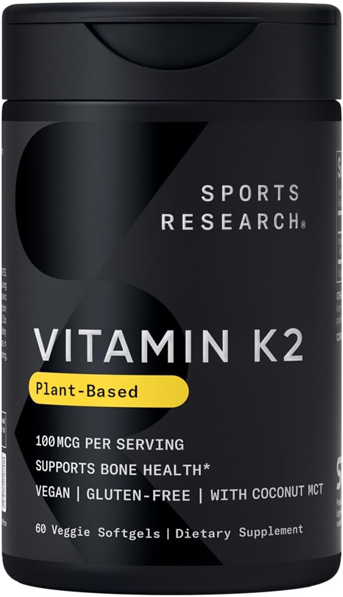 Sports Research Vitamin K2 as MK7 with Organic Coconut MCT Oil | Non-GMO Verified, Vegan Certified (60 Veggie-Softgels)