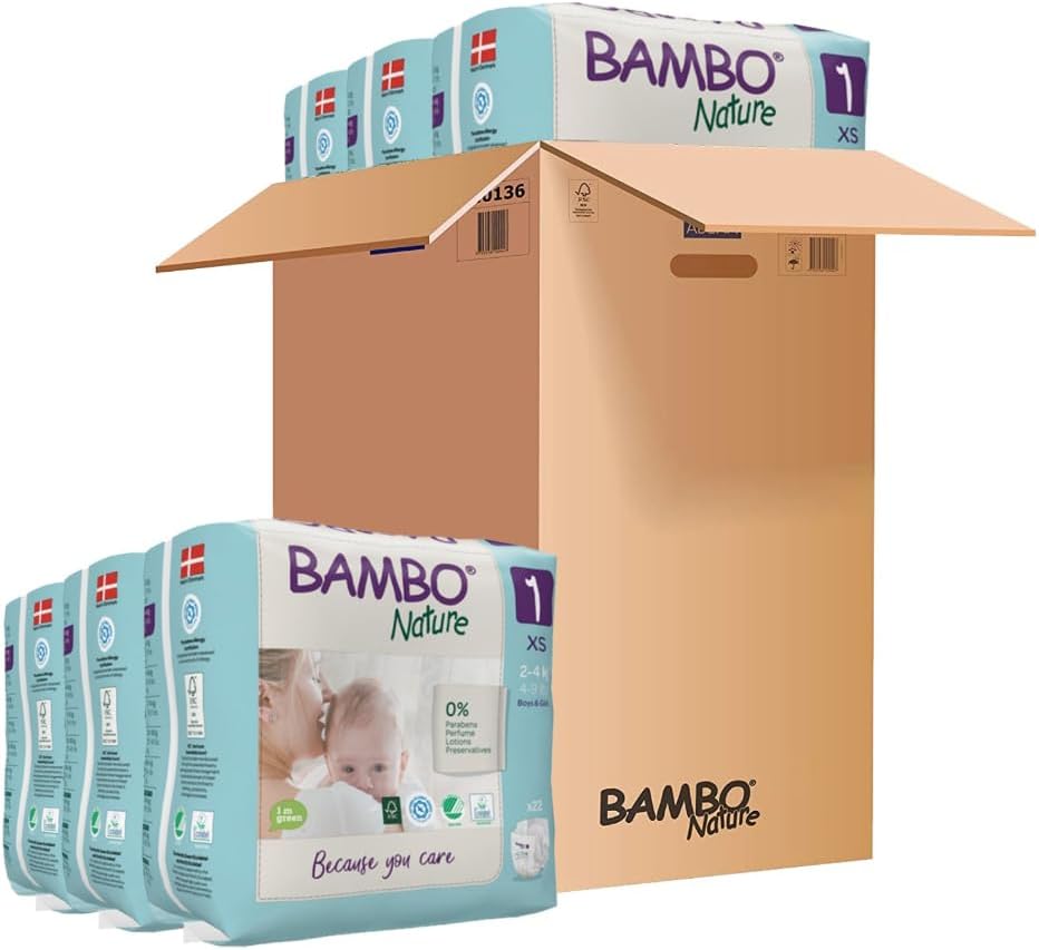 Bambo Nature Premium Eco Nappies, Eco-Labelled Newborn Nappies, Enhanced Leakage Protection, Secure & Comfortable Baby Nappies, Newborn Essentials - Size 1 Nappies (4-9 lb/2-4 kg), 132PK