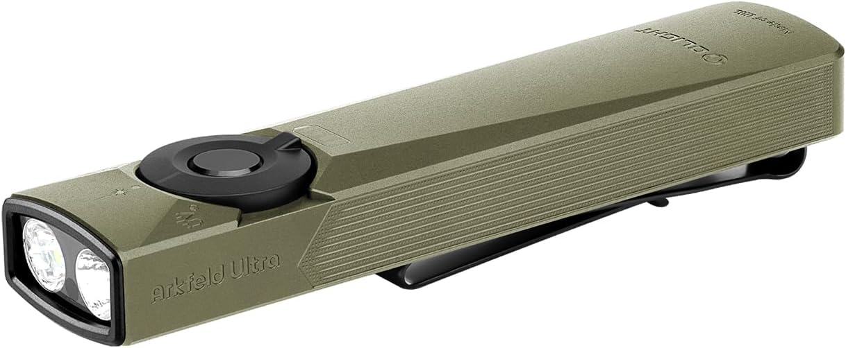 OLIGHT Arkfeld Ultra EDC Flat Flashlight Rechargeable, OAL, Olive-Green CW | Green Beam,UV Light, White LED, 1400 Lumens, Compact Magnetic Pocket Flashlight for Emergency Inspection Working