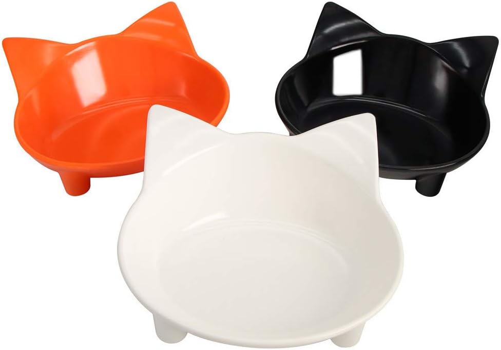 SLSON 3 Pack Cat Feeding Bowls, 8 Ounce Shallow Cat Water and Food Bowl with Non Slip Rubber for Relief of Whisker Cats, Black and White and Orange
