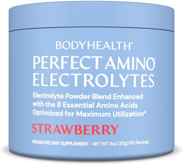BodyHealth PerfectAmino Electrolytes Powder No Sugar, Keto Sugar Free Fasting Electrolytes Drink Mix, Hydration Powder with Trace Minerals - Strawberry - 60 Servings