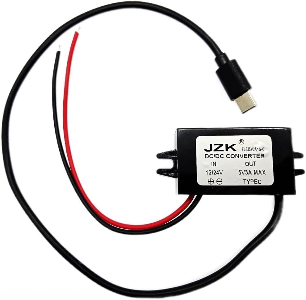JZK Car power converter DC 12V 24V to 5V 3A Step down converter with type C adapter connector, 15W DC to DC buck converter, voltage reducer regulator, car power voltage converter for car, truck, boat
