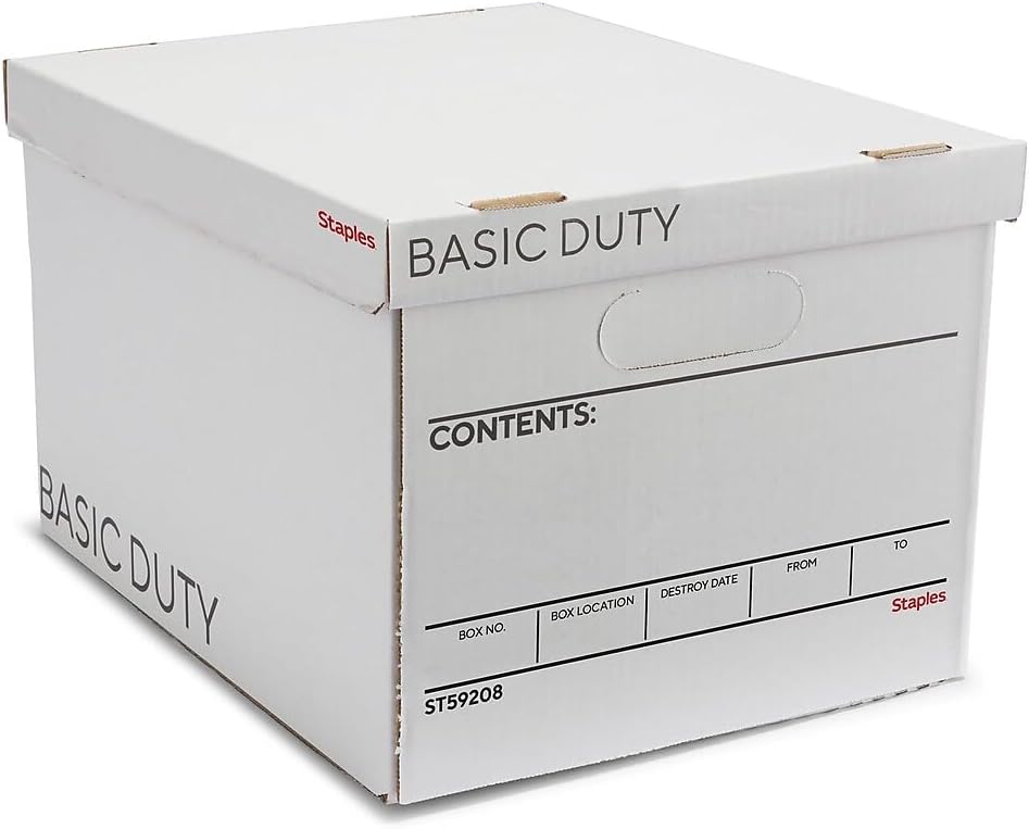 STAPLES Corrugated File Box Lift Off Lid, Letter/Legal Size, White/Black, 10/Pack (ST59208)