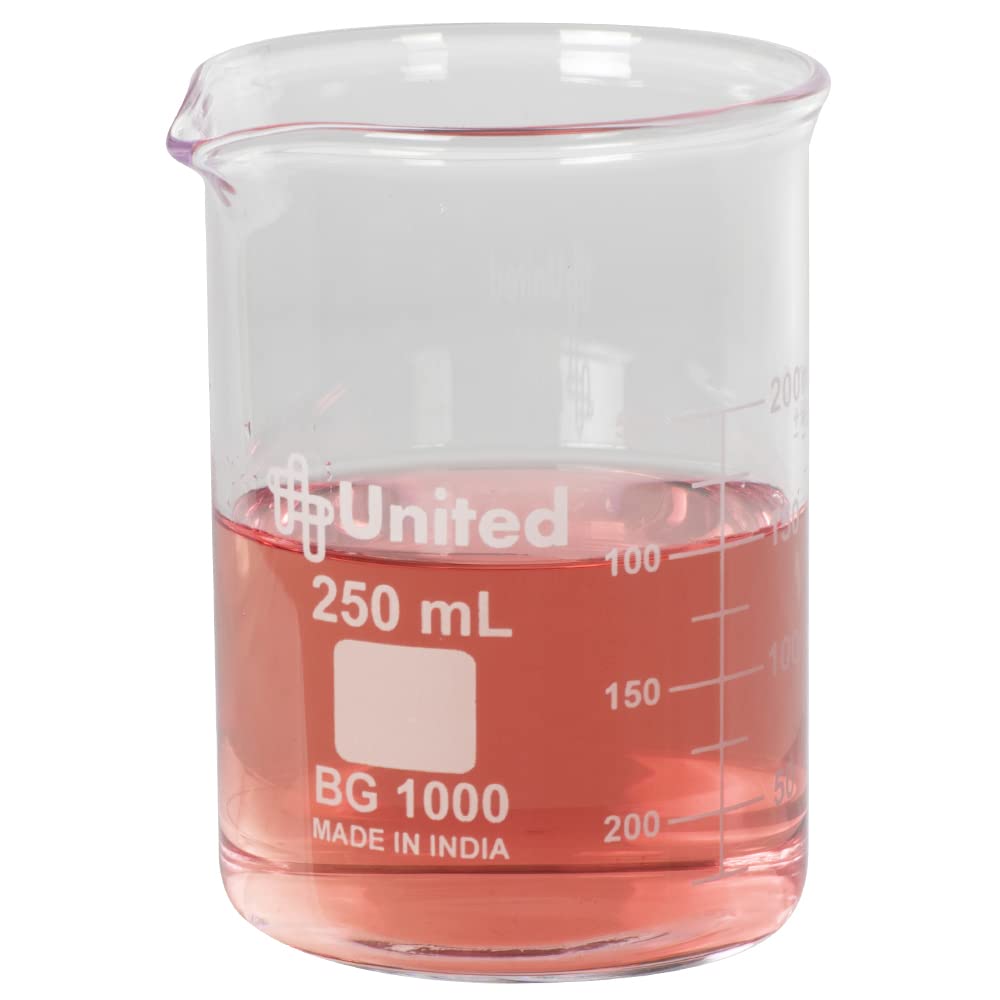 United Scientific™ 250mL Borosilicate Glass Lab Beaker, Low Form Griffin, Double Scale Graduation, 1 Each