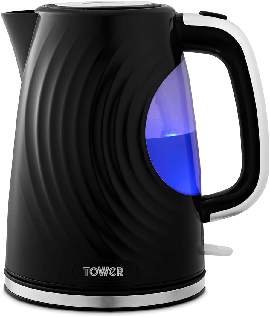 Tower T10083BLK Sonar Textured Kettle with Large Viewing Window & Blue Light, 360 Degree Base, 3000W, 1.7L, Black