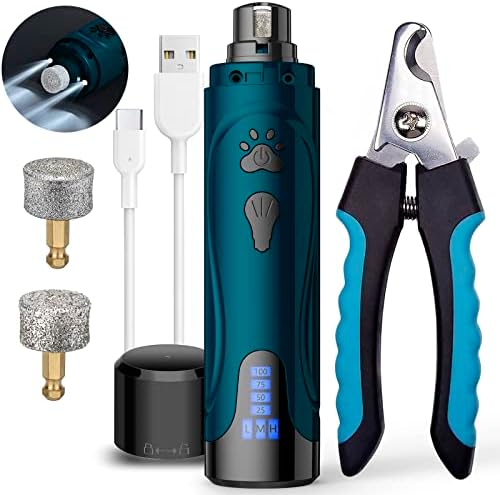 Dog Nail Trimmers and Dog Nail Clippers Kit, Whisper Quiet Electric Grinder with Light, Rechargeable, for Small, Medium, Large Dogs, Cats Toenail & Claw Grooming, 3 Speeds