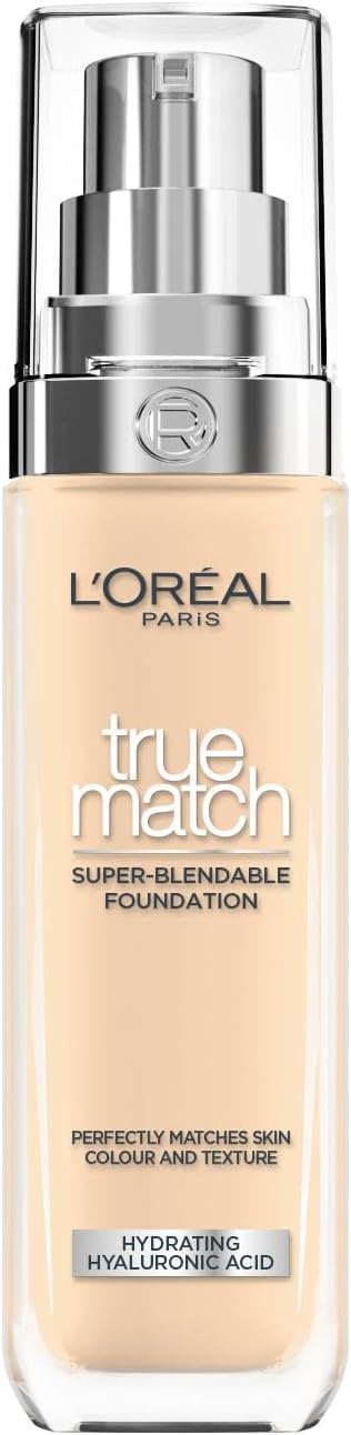L'Oreal Paris True Match Liquid Foundation, Skincare Infused with Hyaluronic Acid, SPF 16, Available in 46 Shades, 1.5W, 30 ml