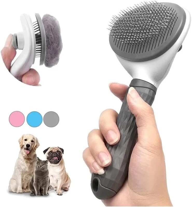 Self-Cleaning Dog and Cat Slicker Brush - Grooming Tool With Smooth Handle and Cleaning Button for Shedding and Massage (Grey)