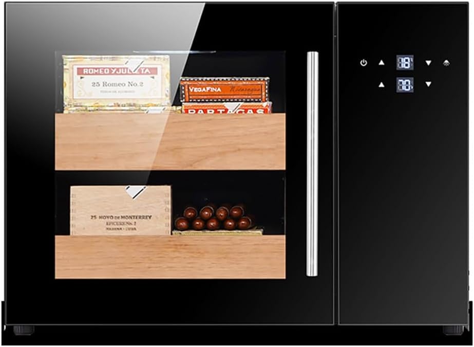 Small Humidor, Electric Cigar Cooler Humidors for 100 Counts, Electronic Cabinet with Cooling Control, Gift for Men, Spanish Cedar Wood Drawer Shelves, Digital Hygrometer Displays
