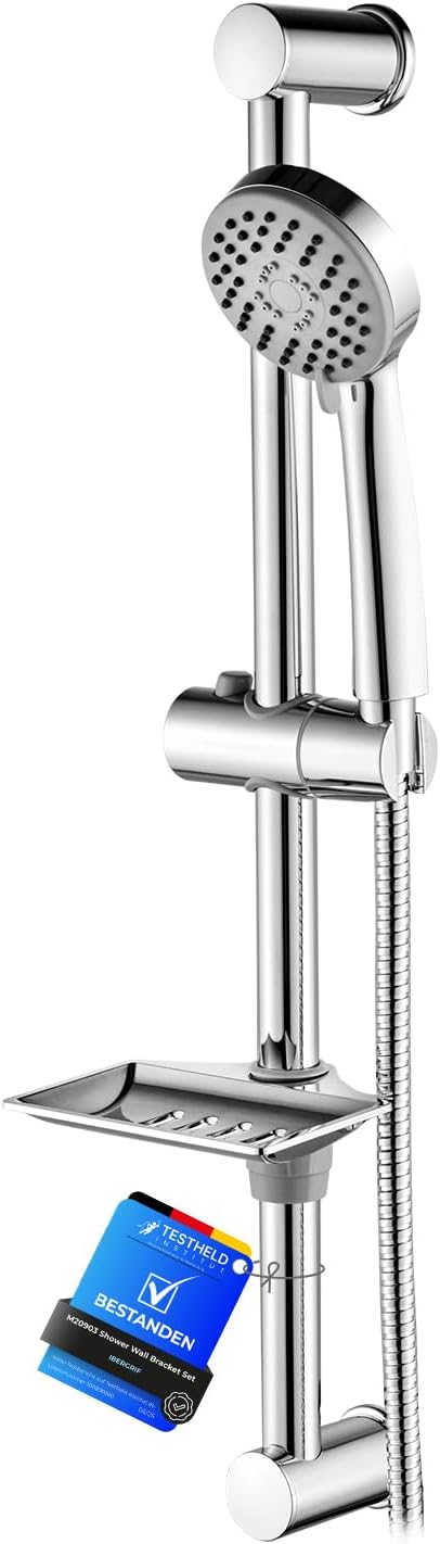 Ibergrif M20903 Shower Riser Kit, Shower Slide Bar with Shower Head, 170CM Shower Hose,Shower Head Holder and Soap Dish, Adjustable Shower Height Bracket for Bathroom, Silver