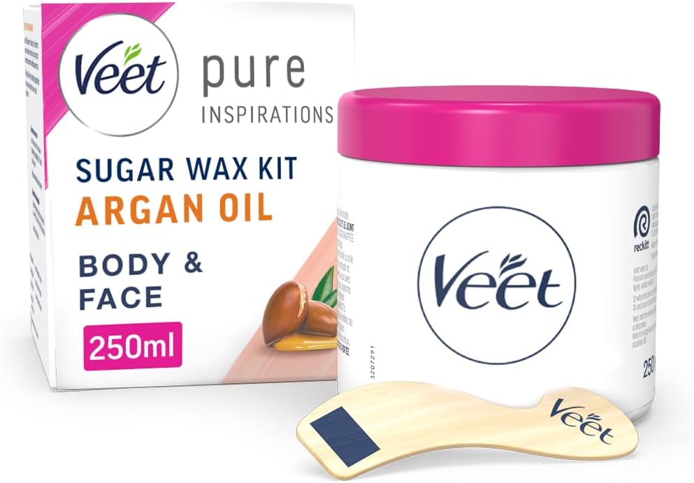 Veet Argan Oil Hot Wax Kit 250 ml - Sugar Hair Removal, Warm Facial Remover with Strips, Dermatologist-Tested Solution for Smooth Skin