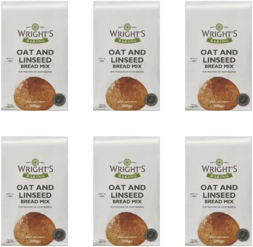 Wright's Oat and Linseed Bread Mix - White Baker’s Quality Flour with Pinhead Oats and Linseeds - High Fibre Bread Mix for Machine or Hand Baking - Suitable for Vegetarians (6X500G)