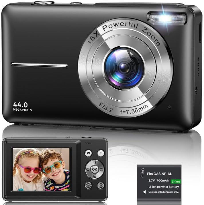 Digital Camera 1080P, 44MP FHD Compact Digital Camera, 16X Digital Zoom Portable Photo Camera with 2.4" LCD Screen, 1 Battery, Vlogging Camera for Kids, Beginners, Teens, Students-Black (No SD Card)