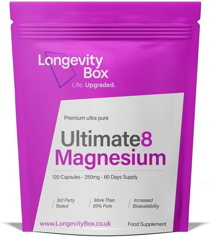 Longevity Box Ultimate Magnesium Complex – 8 Types in 1 Formula Including Glycinate, Citrate, Taurate, Malate & More – 500mg Per Serving – 120 Capsules – Deep Calm, Sleep & Relaxation Support