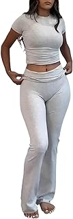 AYWA Women's 2 Piece Lounge Sets Short Sleeve Crop Top Foldover Flare Pants Casual Pajama Outfits