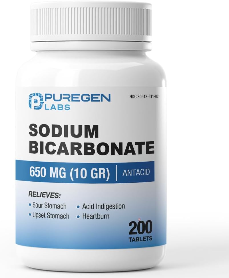 Puregen Labs Sodium Bicarbonate Tablets 650mg (10 Grains) - 200 Count | USP Grade Baking Soda Supplement, Natural Relief of Acid Indigestion, Heartburn, Sour Stomach & Upset Stomach