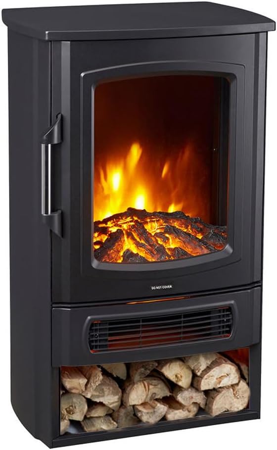 Neo 1000W / 2000W Freestanding Electric Fire Stove Heater Burner Realistic Flame and Log Store (Black)