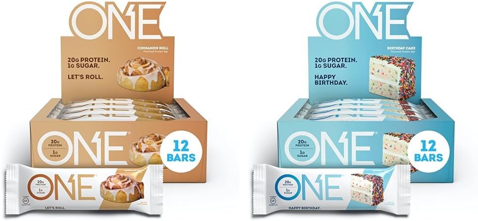 ONE Protein Bars, Cinnamon Roll, Gluten Free Protein Bars with 20g Protein and Only 1g Sugar & Protein Bars, Birthday Cake, Gluten Free Protein Bars with 20g Protein and only 1g Sugar, Guilt-