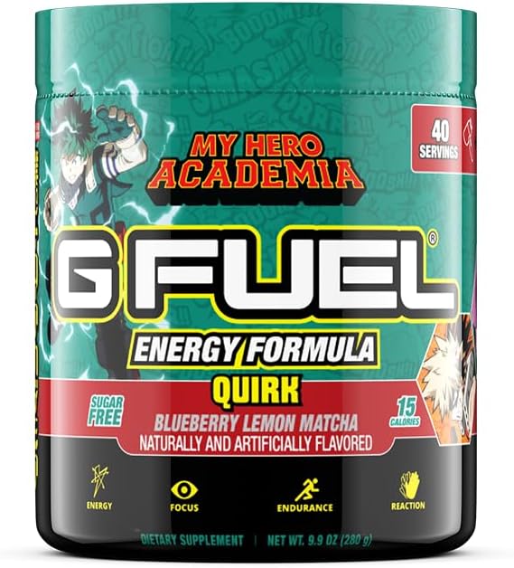 G Fuel My Hero Academia Energy Drink Powder, Pre Workout Caffeine Mix for Gaming, Sugar Free Focus Amino, Vitamin + Antioxidants, 9.9oz (Blueberry Lemon Matcha, 40 Servings)