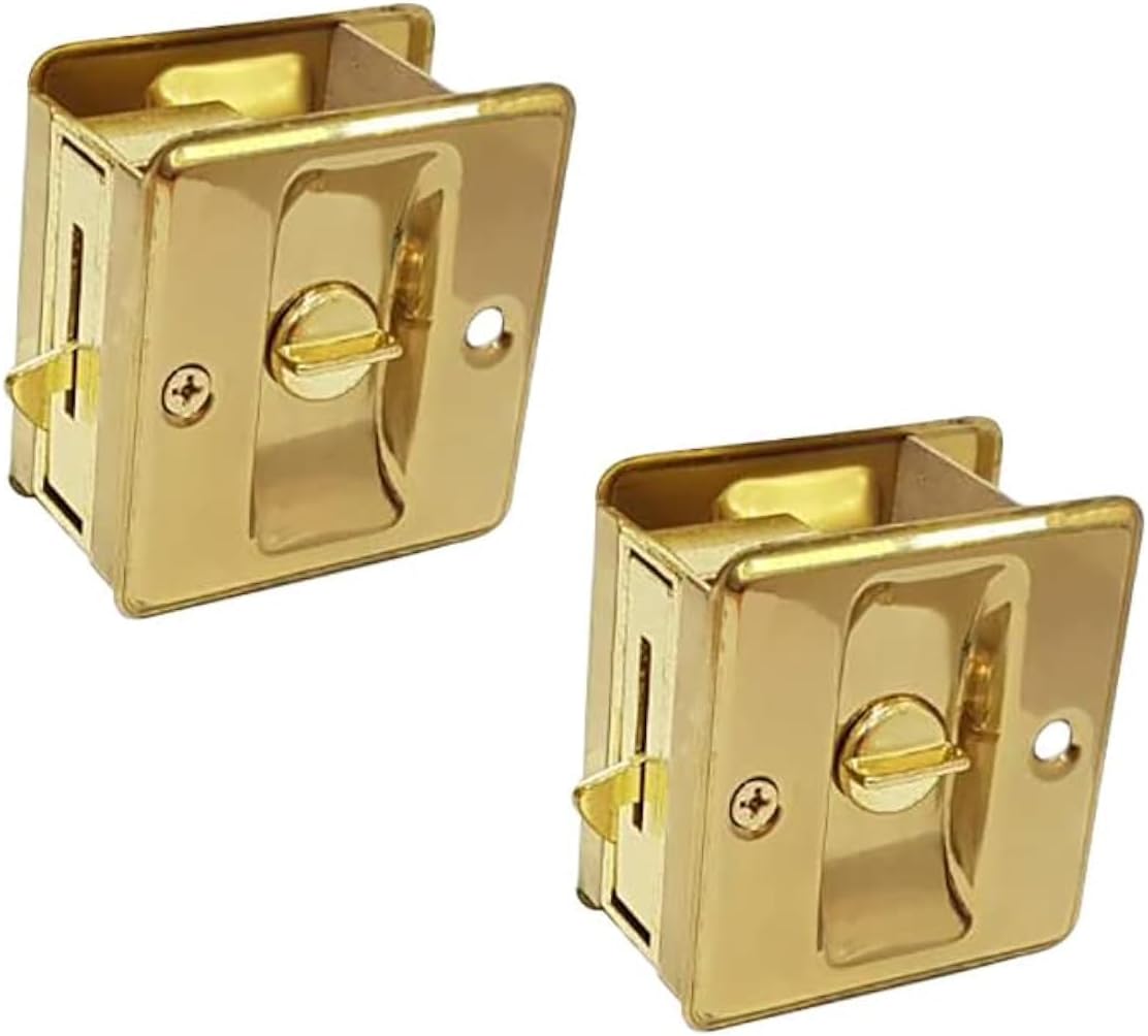 QCAA Solid Brass Sliding Door Pull Door Pocket, Polished Brass, Lockable, 2 Pack