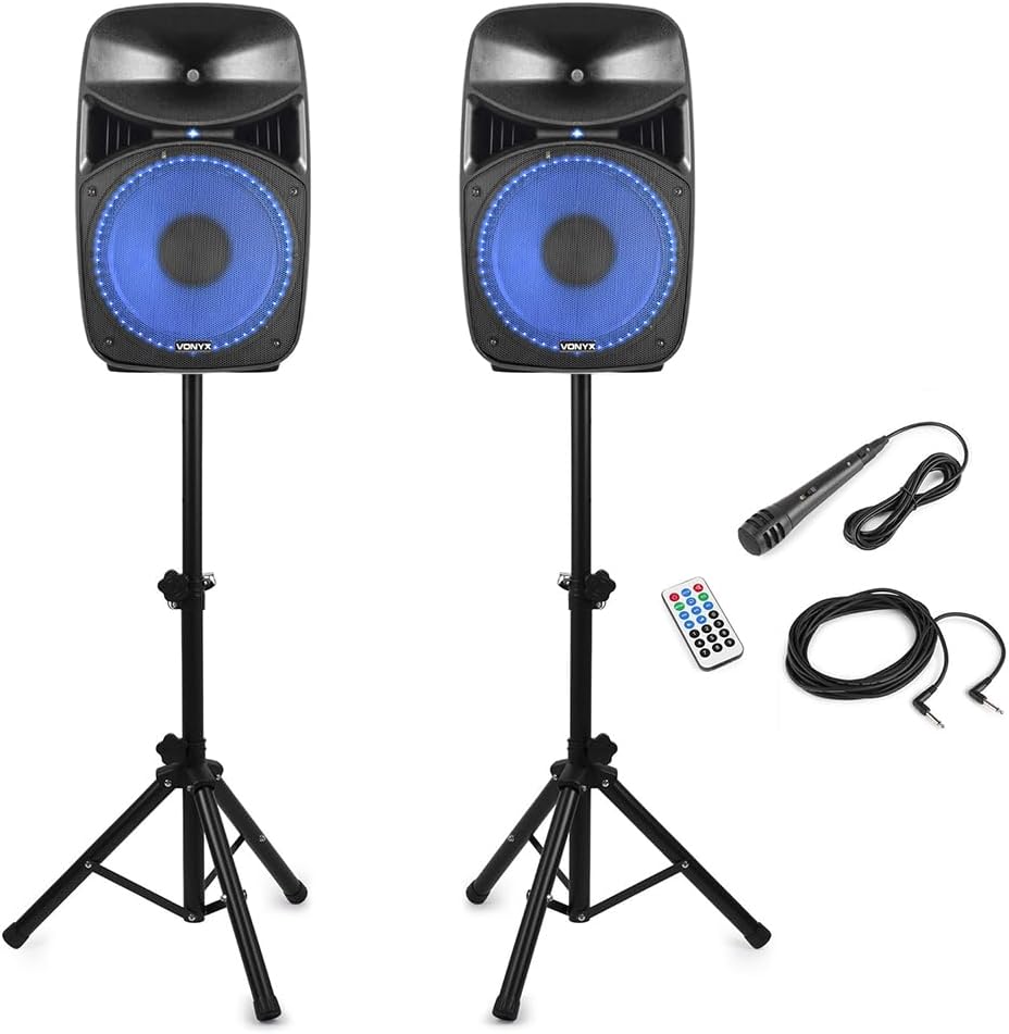 Vonyx VPS102A Bluetooth Active Party Speakers Set, 10-Inch 600W Home Audio Speakers with LED Light Show, Speaker Stands, Wired Mic & Remote – Active/Passive Pair Ideal for Parties, Karaoke & DJs