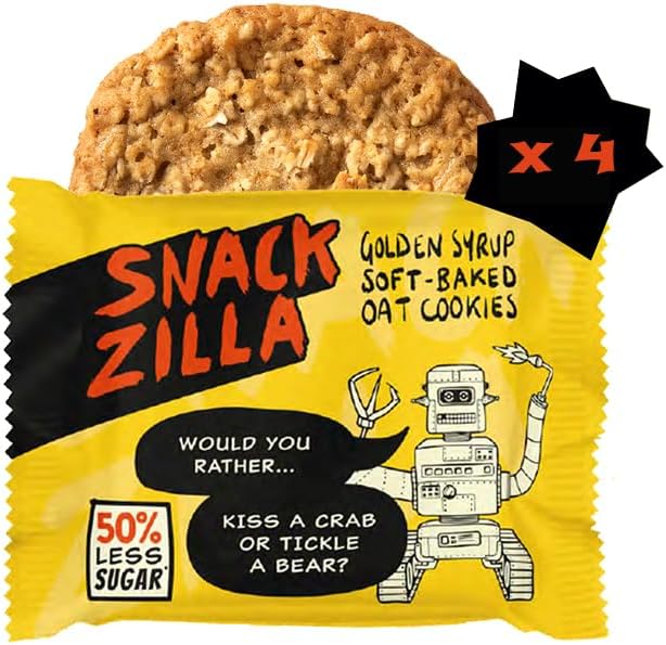 Snackzilla Golden Syrup Oat Cookies (Pack of 4 x 30g) - 50% Less Sugar Cookies Oat Biscuits Multipack Soft Baked Lunch Box Snacks Healthy Snacks for Kids Vegan Biscuits Individually Wrapped