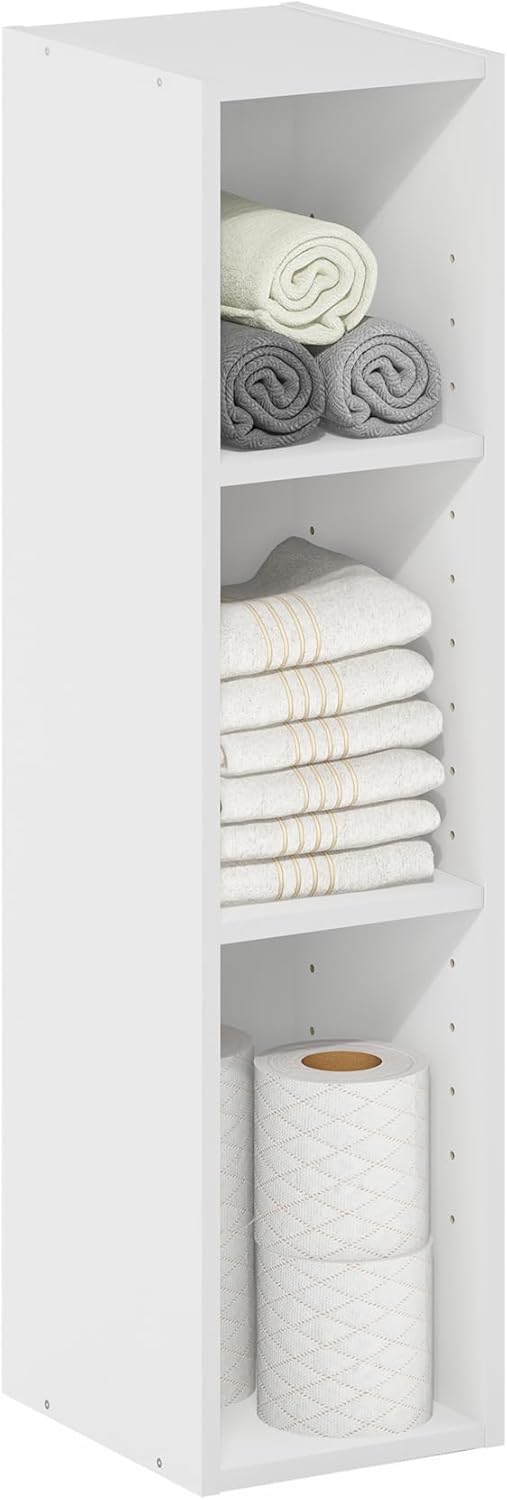 Furinno FULDA Book Shelf, 3-Tier Narrow Bookshelf, Bookcase with 8-In Width Storage Shelf, 9.3 x 7.9 x 31.5, for Living Room, Bedroom, Home Office, White