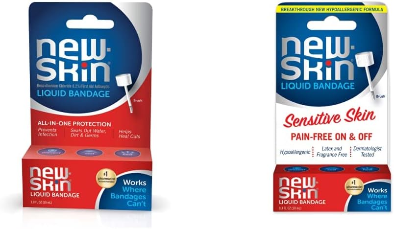 NEW-SKIN Liquid Bandage, Waterproof for Scrapes and Minor Cuts, 1 Ounce and NEW-SKIN Sensitive Skin Hypoallergenic Liquid Bandage for Minor Cuts and Scrapes, 0.3 Ounce