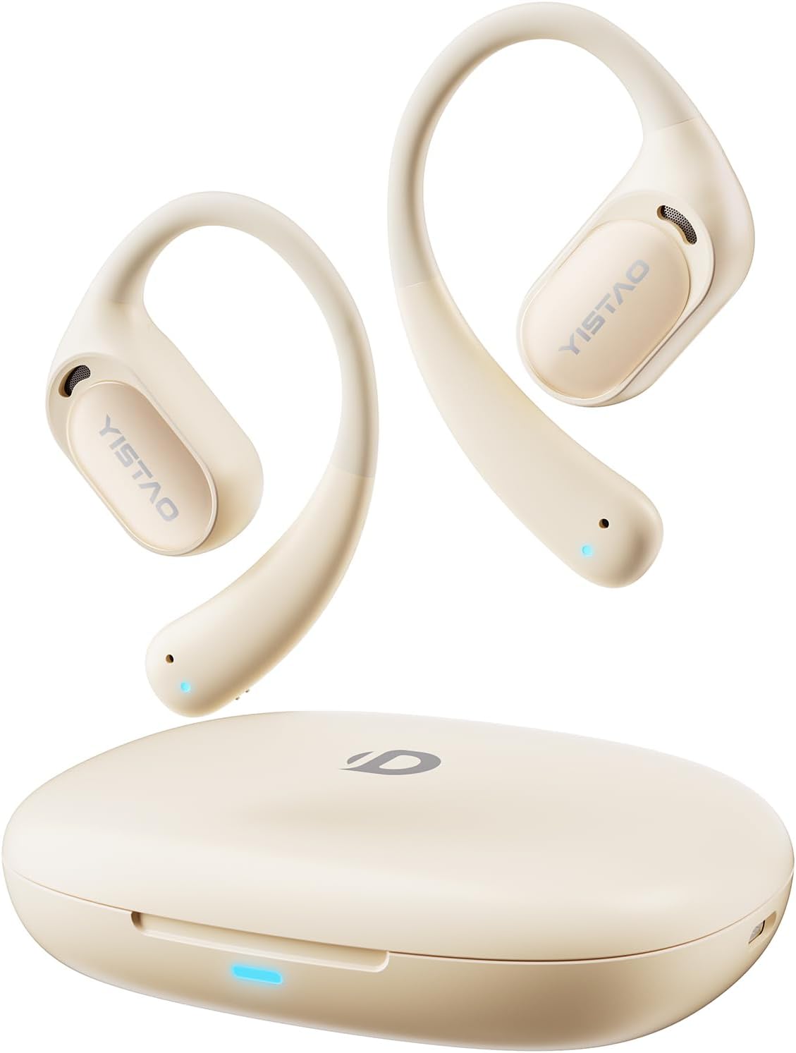 Open Ear Headphones, 35 Hours Playtime True Wireless Open Ear Earbuds with Ear Hooks, Air Conduction Headphones, Bluetooth 5.3, Clear Calls, IPX6 Waterproof Wireless Earphones - Beige