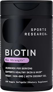 Sports Research Vegan Biotin 10,000mcg with Coconut Oil - Max Strength Biotin Vitamin B7 for Skin and Keratin Support - Non-GMO & Gluten Free, 120 Softgels (4 Month Supply)