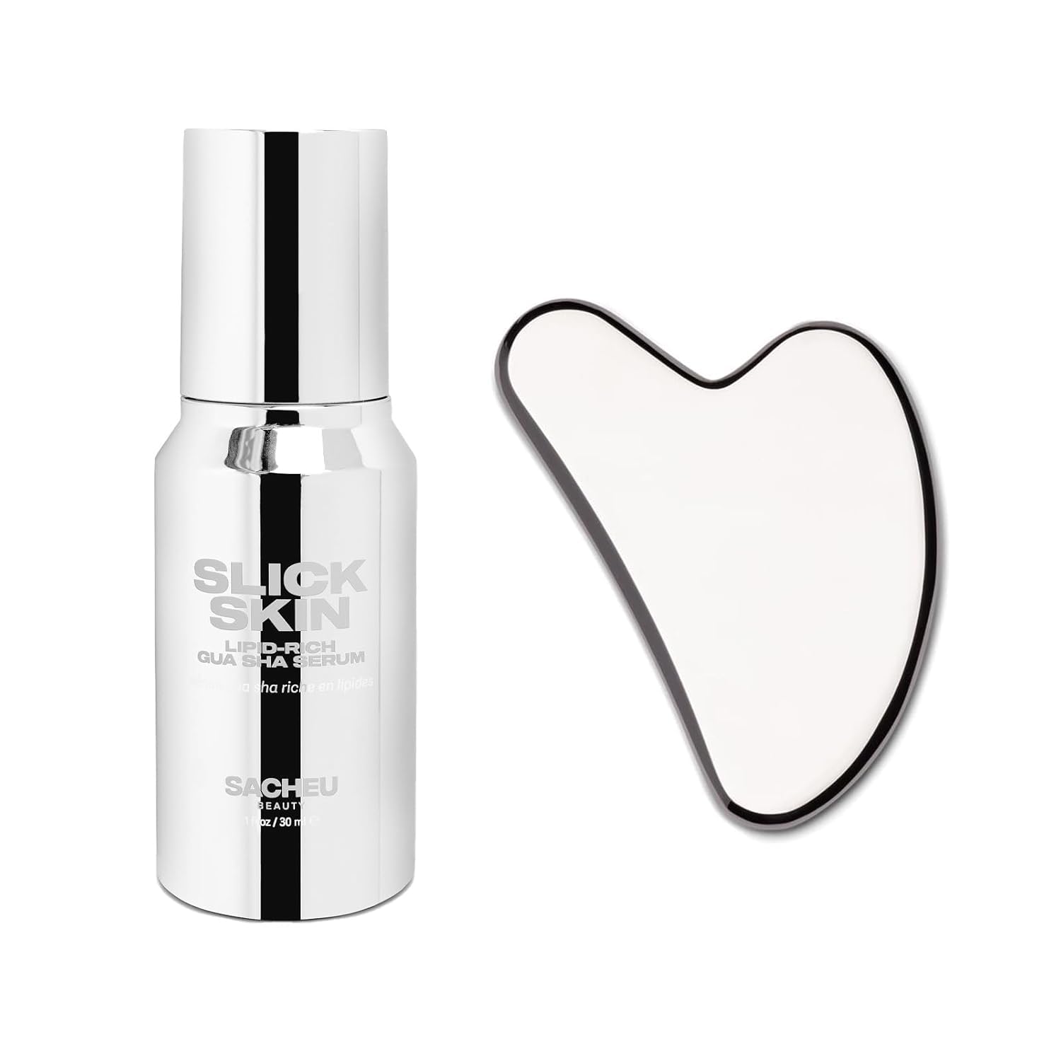 Sacheu Gua Sha Starter Kit with Slick Skin Oil — Face Gua Sha for Enhanced Lymphatic Drainage, Reduced Puffiness and Relieved Facial Tension — Metal Face Sculpting Tool With Travel Pouch