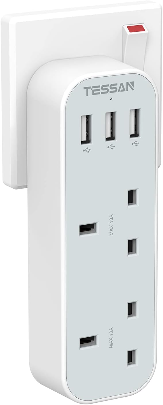 TESSAN Double Plug Adaptor UK with 3 USB, 2 Way MultiPlug Extension Adapter, 13A UK 3 Pin Wall Charger Sockets Power Extender for Home, Kitchen, Office, School Supplies