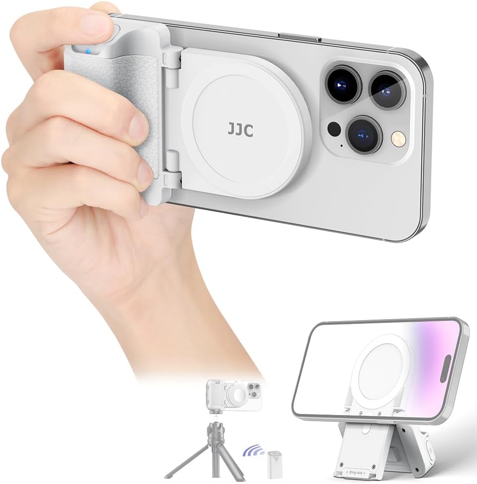 JJC Magnetic Phone Grip with Bluetooth Remote Control, Magsafe Phone Camera Handle for iPhone Android Smartphones, Desk Stand & Tripod Mount Adapter - White