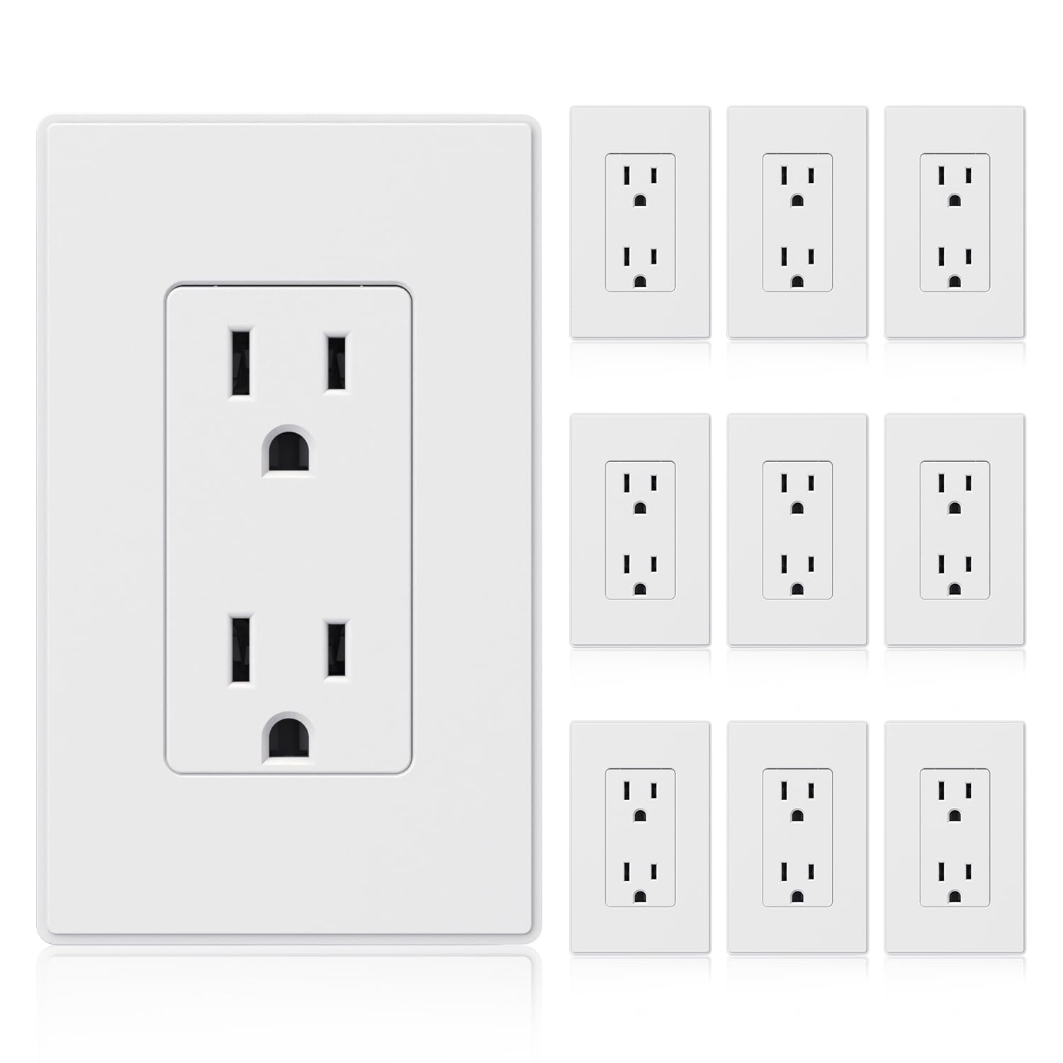 ELEGRP Matte White Standard Decorator Electrical Wall Receptacle Outlet, 15A 125V, 2 Pole 3 Wire, Non- Tamper Resistant, NEMA 5-15R, Self-Grounding, Wall Plate Included, UL Listed, 10 Pack