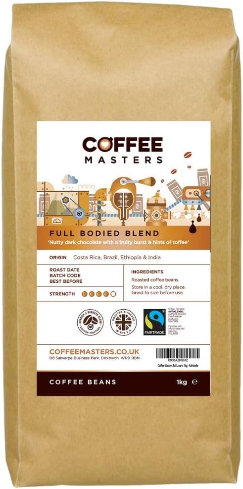 Coffee Masters Full Bodied Espresso Coffee Beans 1kg - Medium Dark Roast Arabica Bean - Perfect for Barista Machines - Fairtrade Certified