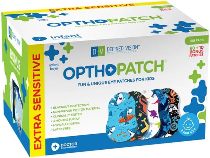 Opthopatch Eye Patches for Infants - Extra Sensitive Adhesive - Boys' Design [Series II] - 100 Count + 3 Reward Charts